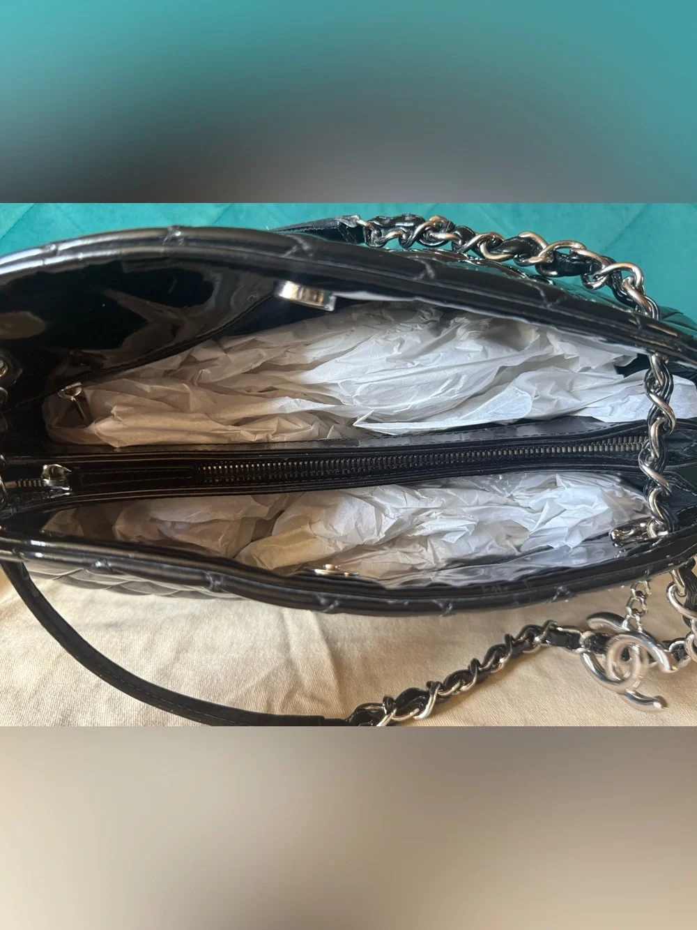 CHANEL Black Quilted Patent Shoulder Bag with Chain Strap and CC Charm